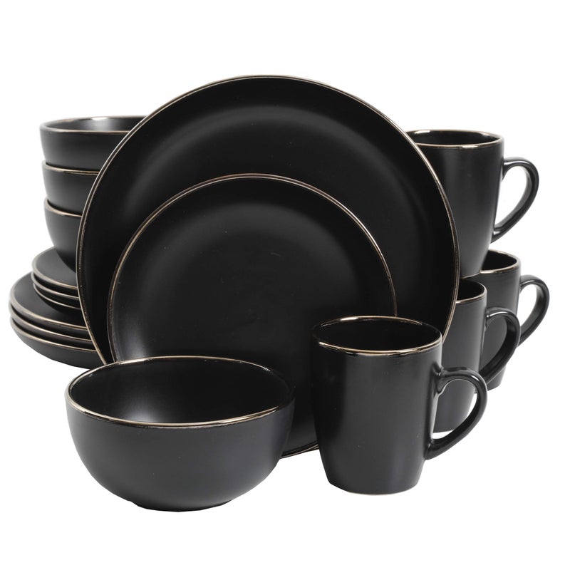Gibson Home Rockaway Round Stoneware Dinnerware Set, Service for 4 (16pcs), Black/Gold Rim - Image 1